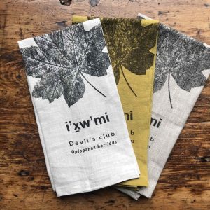 Linen Towels with Screen Printed Rubbings of Native Plants in Kwak̓wala Language